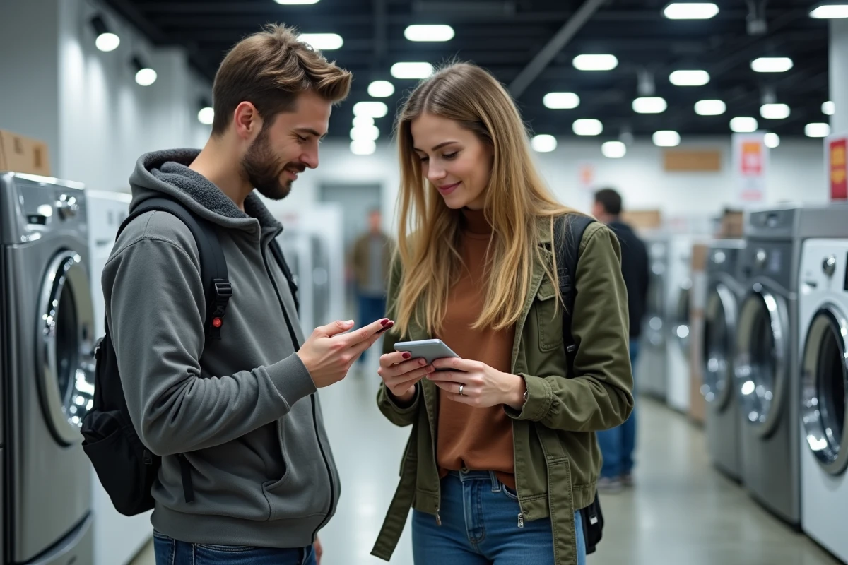 Couple vérifiant les avis clients sur smartphone avant d'acheter un électroménager en magasin