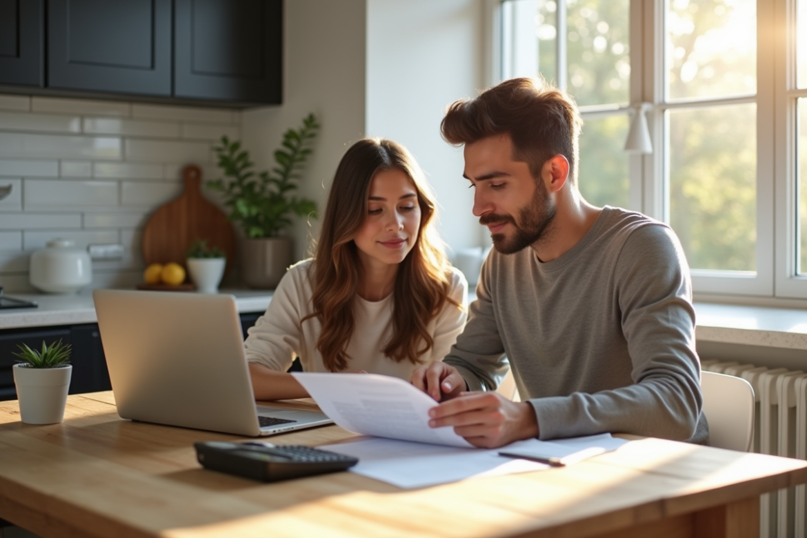 Jeune couple discutant de prêt immobilier à la maison