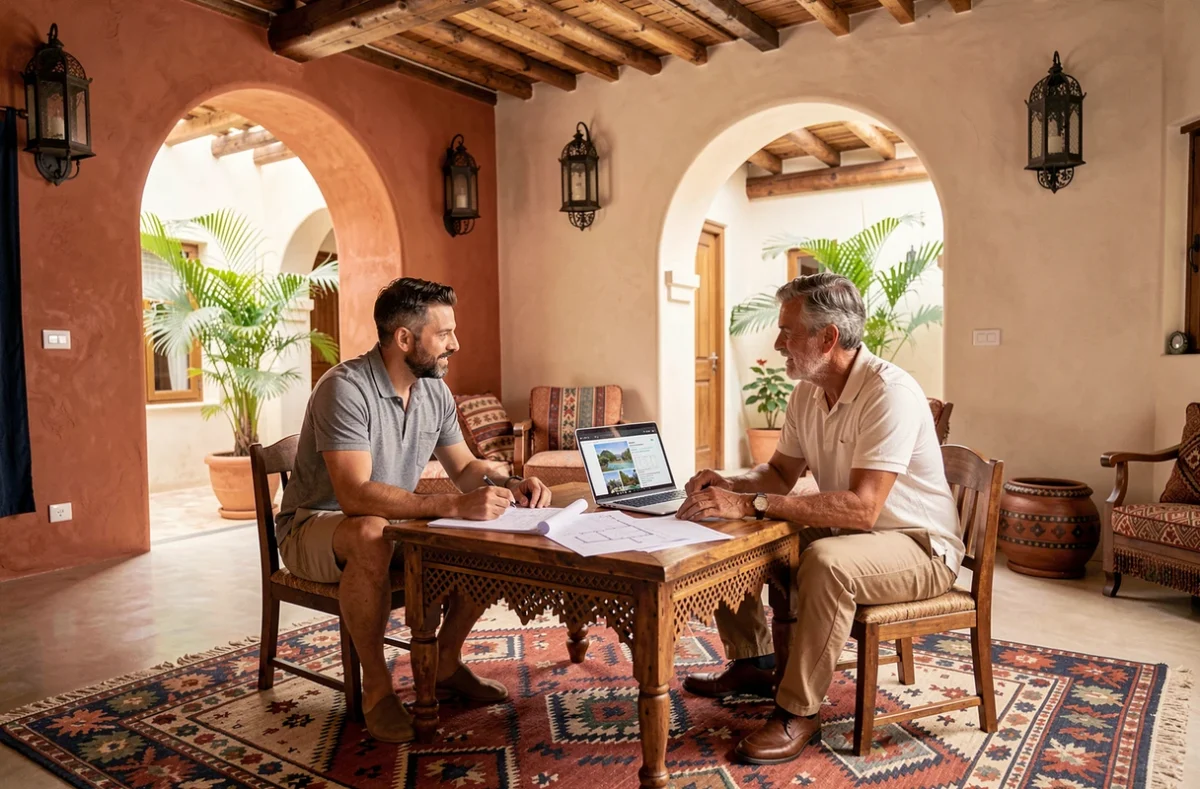 Couple d'acheteurs étrangers consultant un plan d'appartement dans un riad rénové à Marrakech