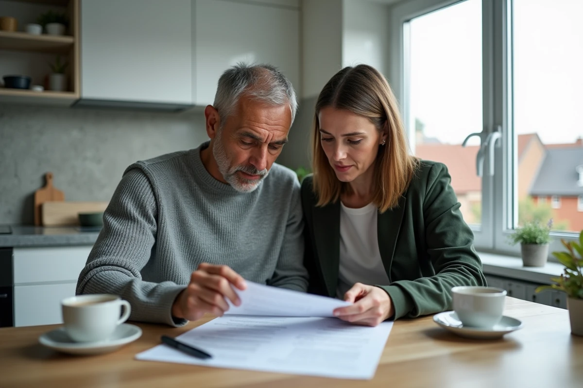 Couple étudiant un contrat d'investissement locatif dans une cuisine d'appartement rénové