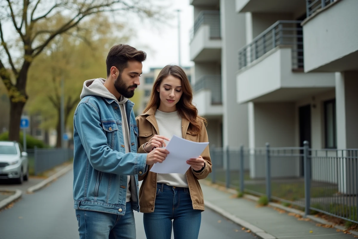 Couple lisant un avis favorable de commission d'attribution devant un immeuble de logement social