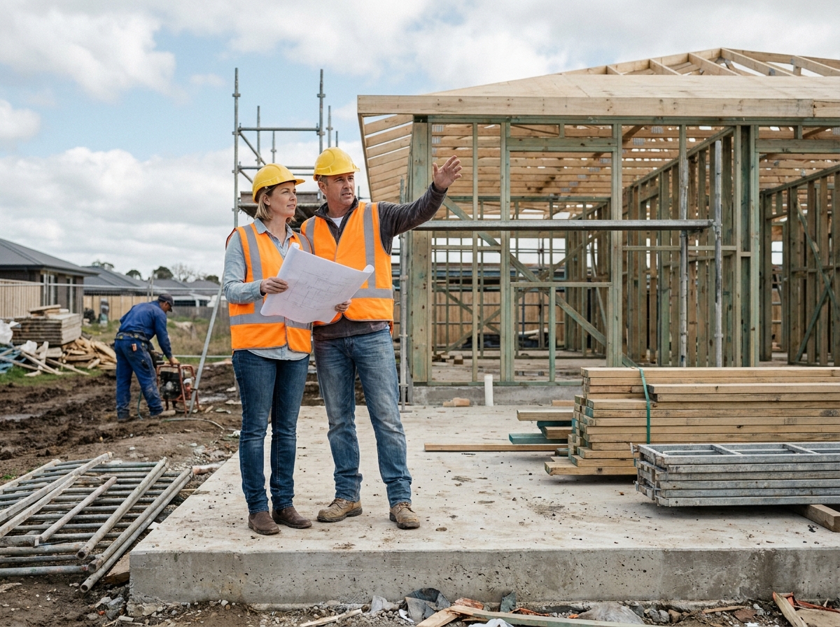 Couple portant des casques de chantier devant la structure en bois d'une maison en construction