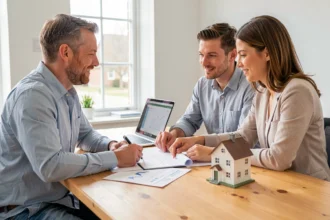 Couple comparant des documents de placement immobilier devant un ordinateur