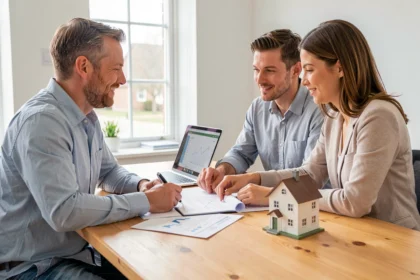 Couple comparant des documents de placement immobilier devant un ordinateur