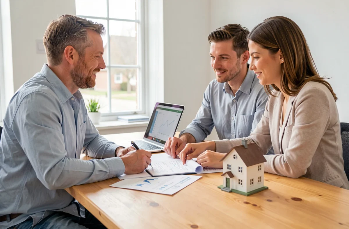 Couple comparant des documents de placement immobilier devant un ordinateur