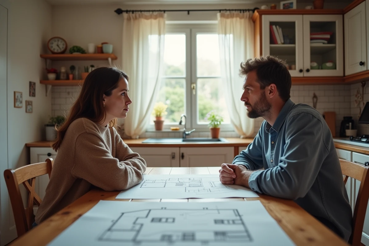 Couple en désaccord autour de documents immobiliers sur une table de cuisine lors d'une procédure de vente forcée en Moselle