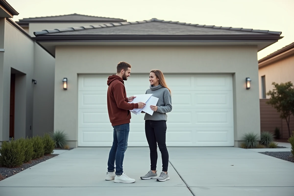 Jeune couple discute devant une maison avec garage moderne