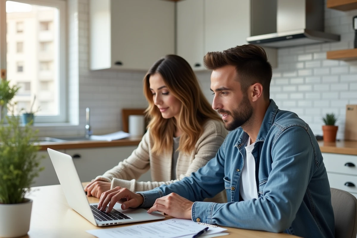Couple examinant un dossier de candidature locative sur ordinateur portable dans une cuisine moderne pour optimiser leur dossier de location