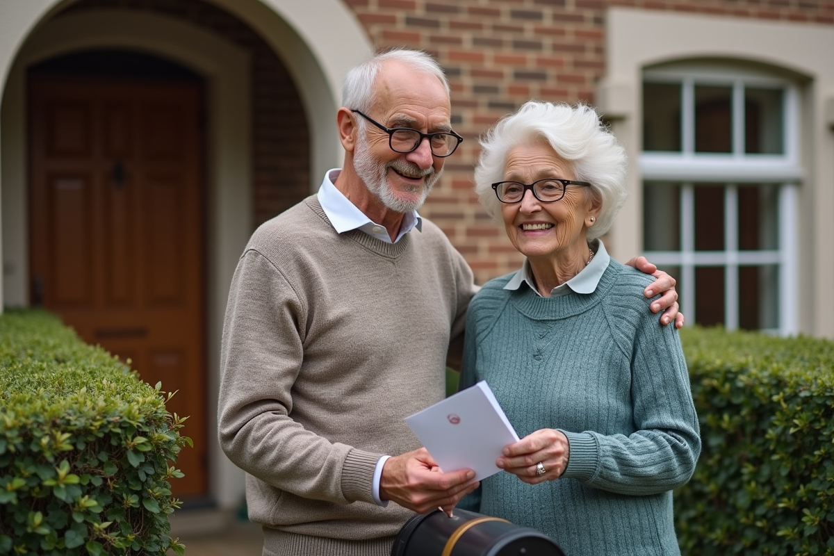 Couple âgé vérifiant leur boîte aux lettres devant la maison