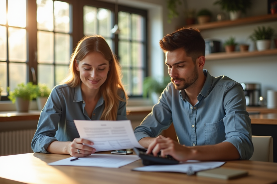 Jeune couple dans une cuisine moderne examine des documents de location