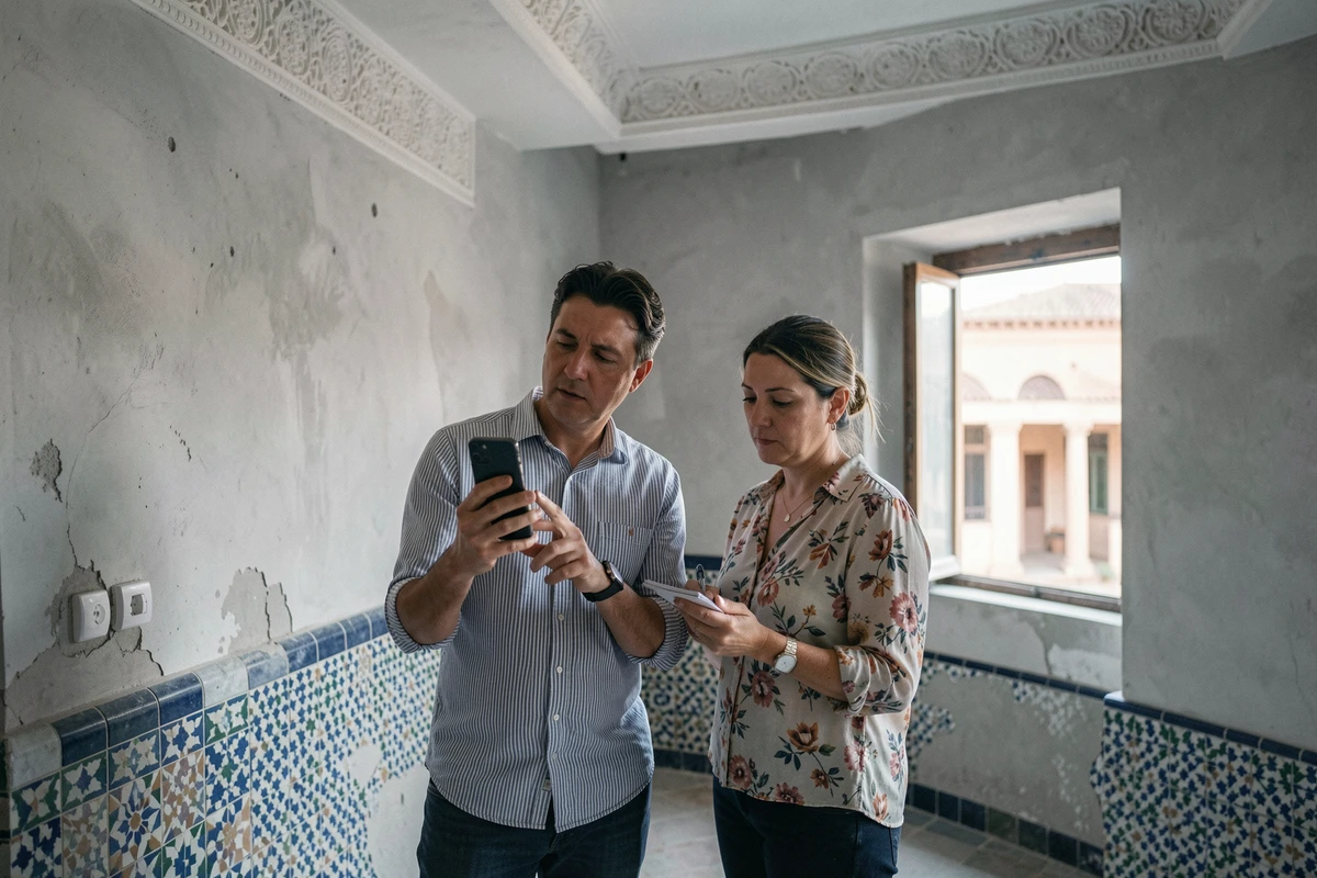 Couple d'acheteurs étrangers inspectant un appartement vide à Marrakech avant achat