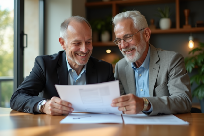 Couple d'adultes souriants examinant des documents d'investissement dans un appartement moderne