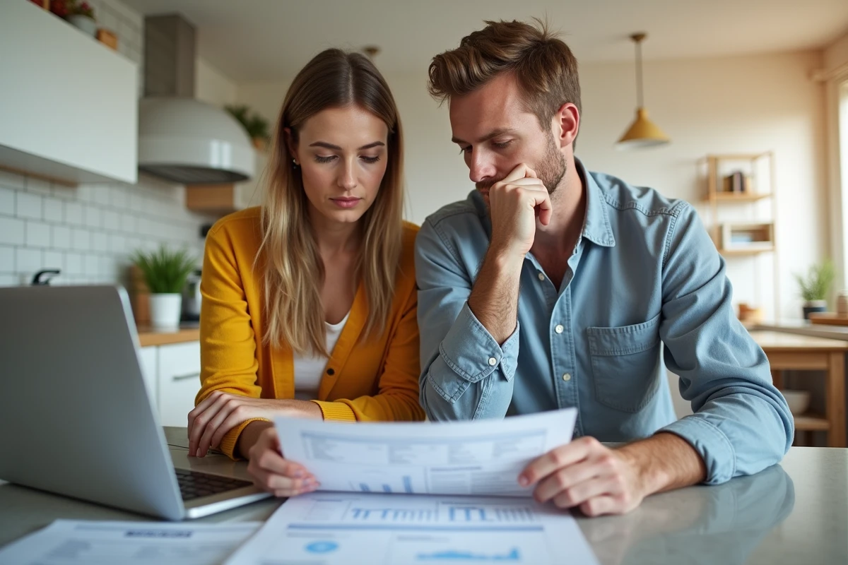 Couple attentif étudiant un rapport immobilier dans la cuisine