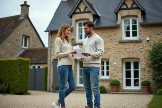 Couple consultant des documents de location devant une maison normande à colombages en Seine-Maritime