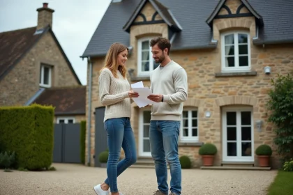 Couple consultant des documents de location devant une maison normande à colombages en Seine-Maritime