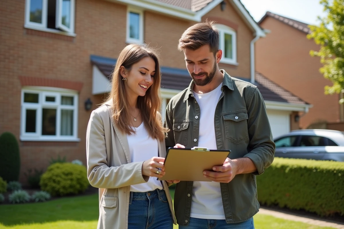 Jeune couple discutant devant une maison de banlieue