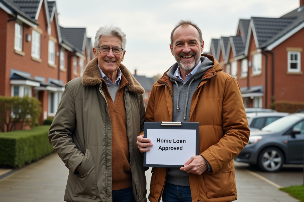 Couple souriant devant leur maison apres approbation de pret