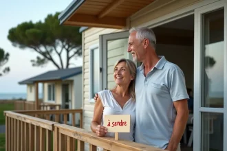 Couple devant un mobil-home d'occasion à vendre dans un camping en bord de mer ouvert à l'année