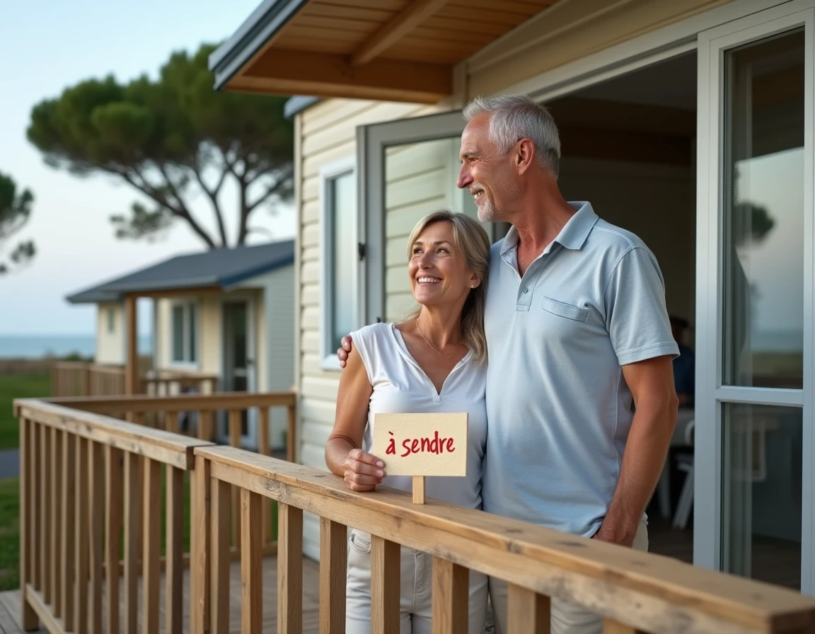 Couple devant un mobil-home d'occasion à vendre dans un camping en bord de mer ouvert à l'année