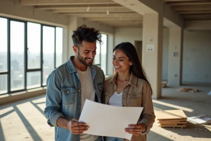 Jeune couple marocain examine plans dans un appartement neuf