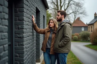Couple de primo-accédants examinant la façade en mâchefer d'une maison individuelle dans un quartier résidentiel français