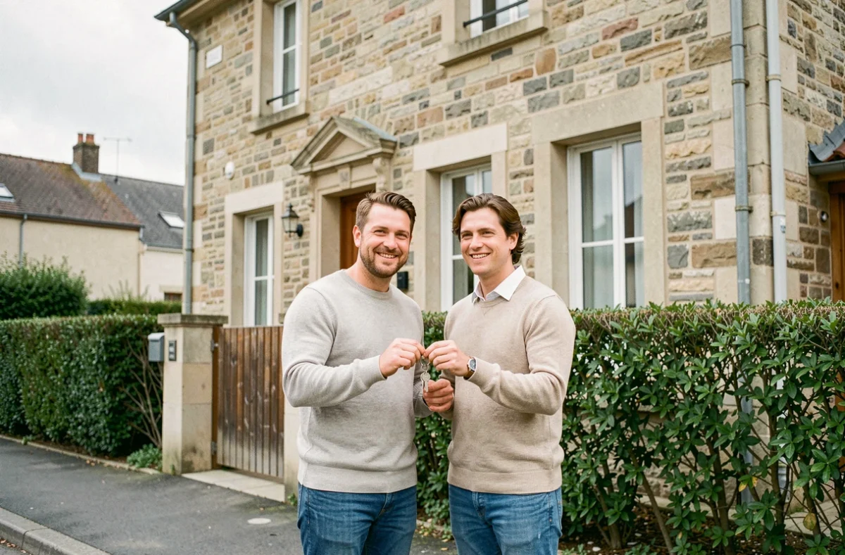 Couple de propriétaires heureux devant leur maison acquise via l'agence PROX'IMMO