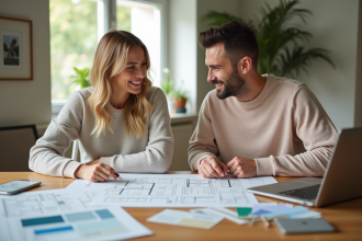 Jeune couple souriant devant plans de rénovation maison