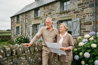 Couple de retraités devant une maison en pierre traditionnelle en Bretagne, évaluant les critères d'achat immobilier