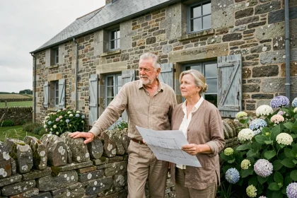 Couple de retraités devant une maison en pierre traditionnelle en Bretagne, évaluant les critères d'achat immobilier