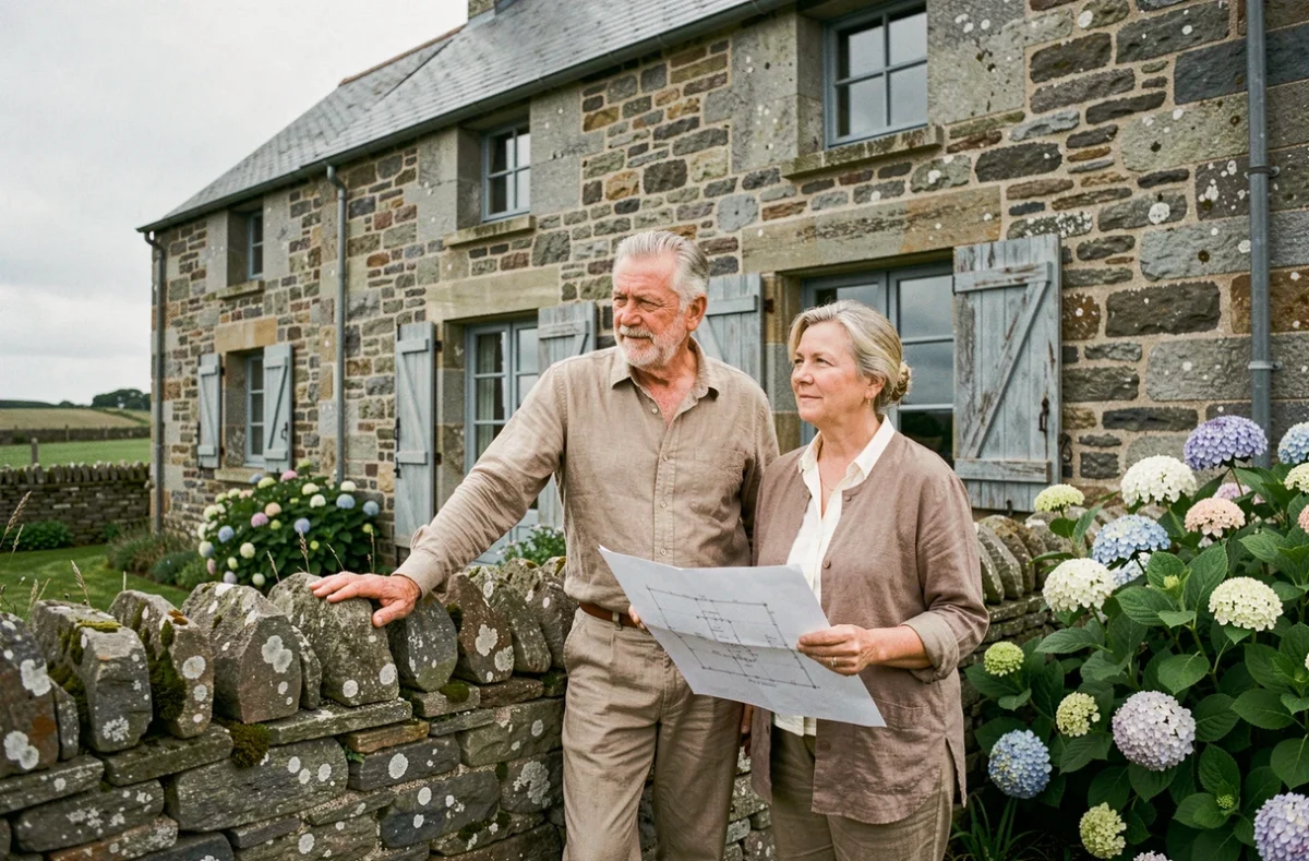 Couple de retraités devant une maison en pierre traditionnelle en Bretagne, évaluant les critères d'achat immobilier