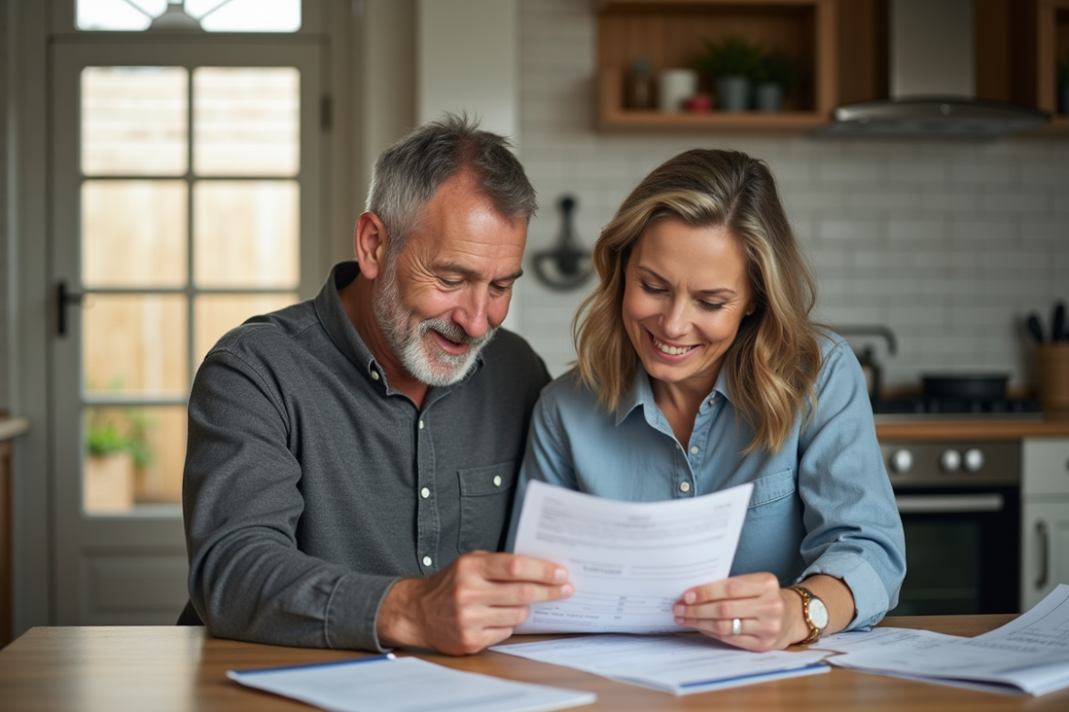 Couple attentif revoyant des factures dans la cuisine