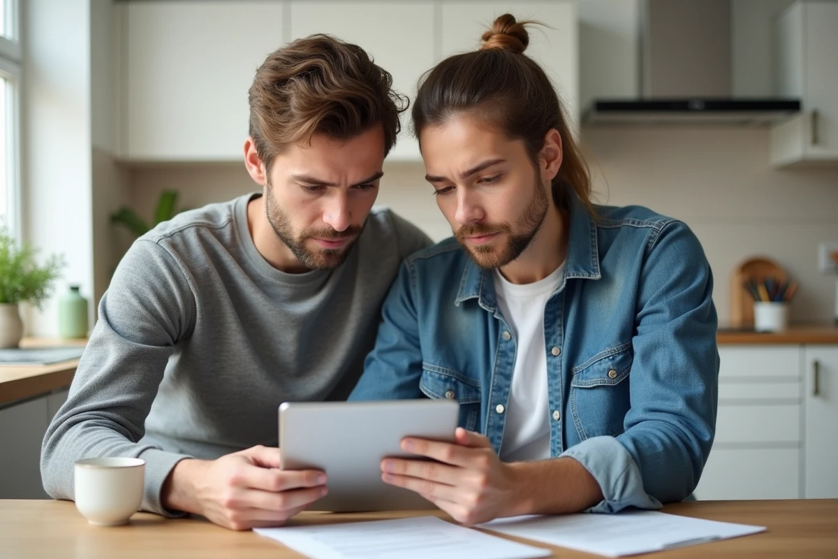 Couple utilisant un simulateur de frais de notaire sur tablette avant de consulter leur banque pour un prêt immobilier
