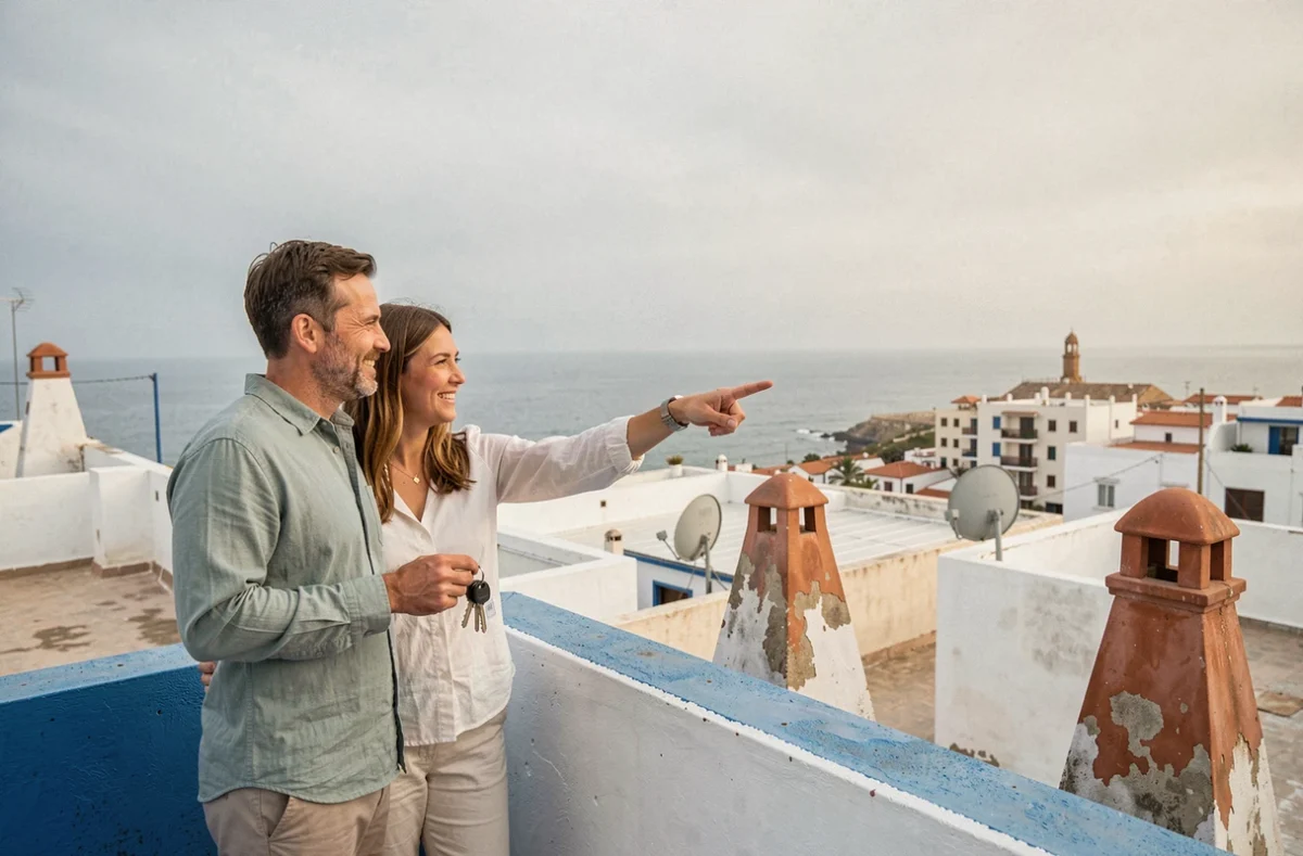 Couple de locataires sur une terrasse avec vue sur les toits d'Essaouira après signature d'un bail