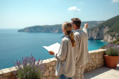 Couple examinant la vue mer depuis la terrasse d'une maison en pierre à vendre sur la côte méditerranéenne