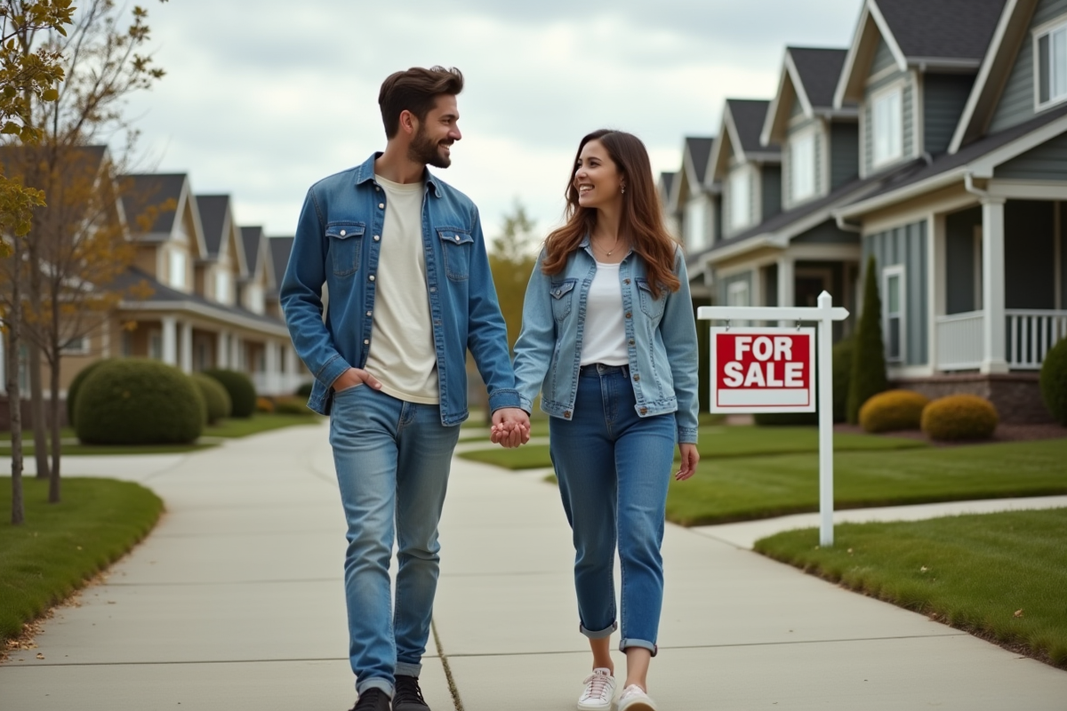 Jeune couple discutant devant une maison en vente dans le quartier