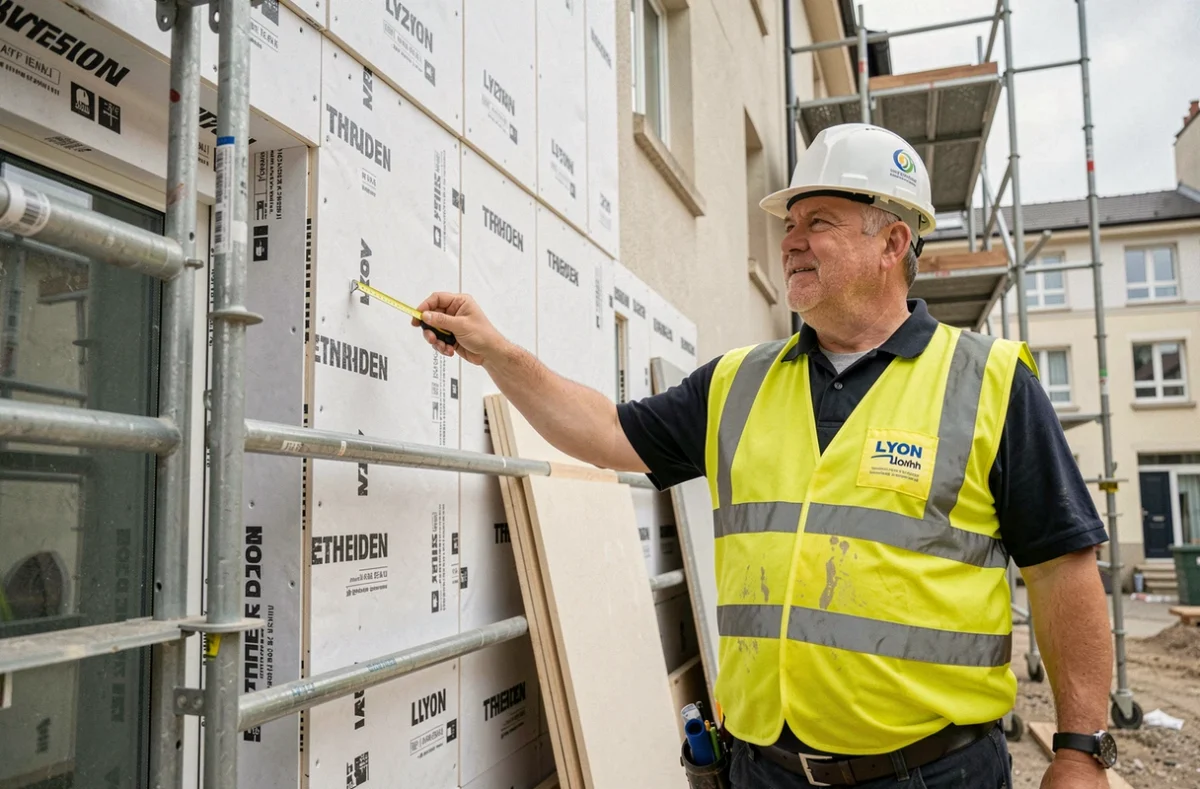 Spécialiste de Couture Bâtiment inspectant l'isolation thermique par l'extérieur d'un immeuble lyonnais en chantier