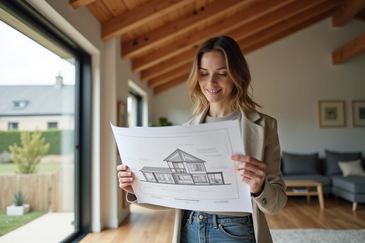 Jeune femme designer étudiant un plan dans un salon lumineux