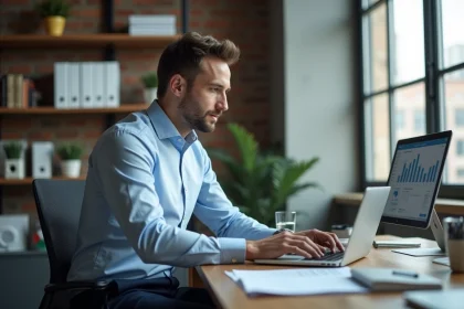 Diagnosticien immobilier homme au bureau analysant des données