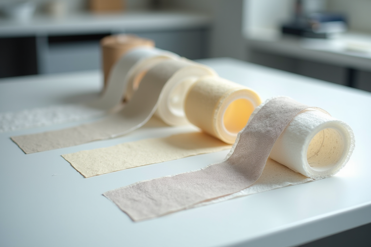 Sélection de rubans de joint en papier et fibre sur plan de travail blanc