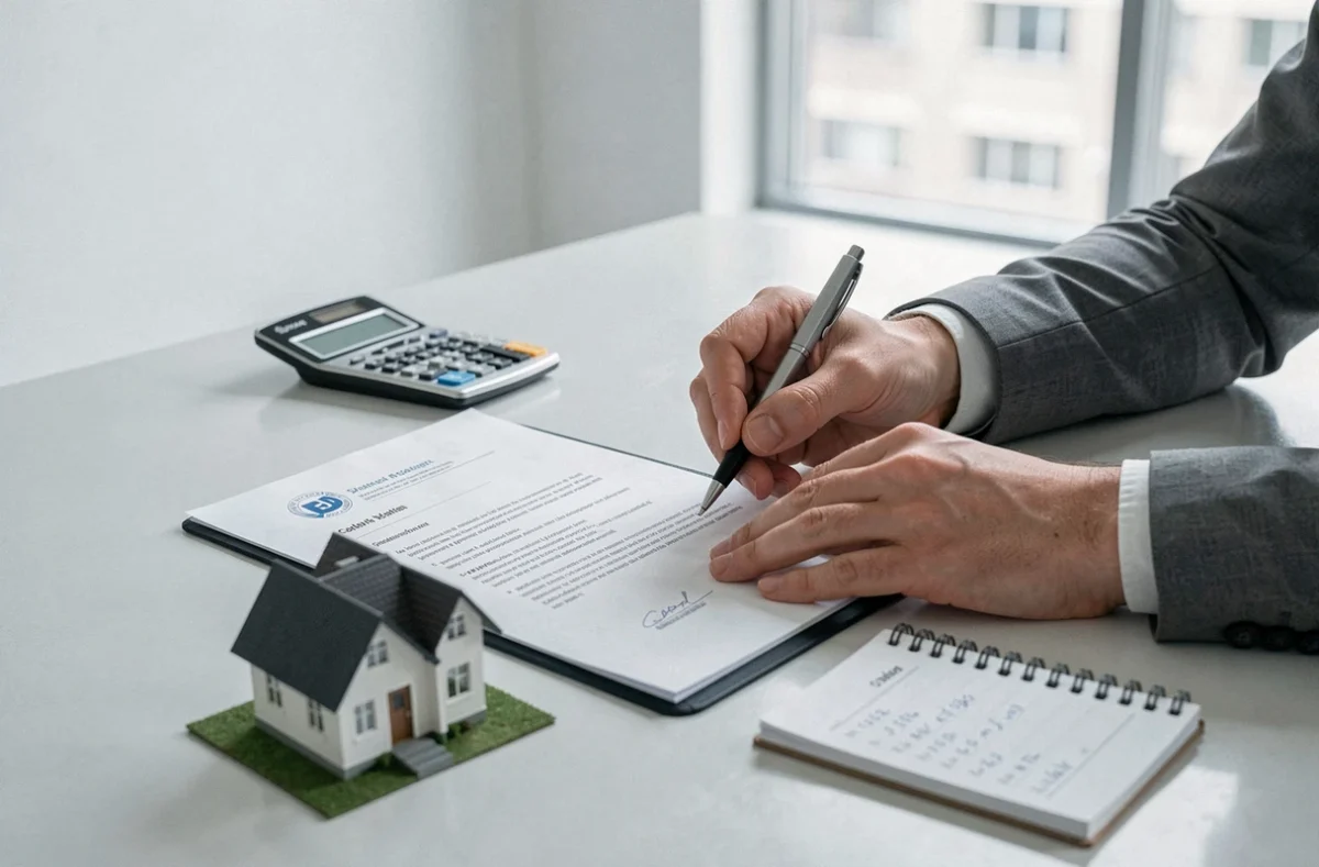 Documents de copropriété et modèle de maison sur une table lors d'une procédure de règlement de crédit immobilier en indivision