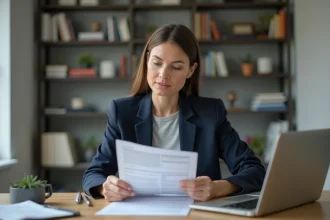 Femme consultant une annonce de location sur papier pour vérifier ses droits en tant que locataire