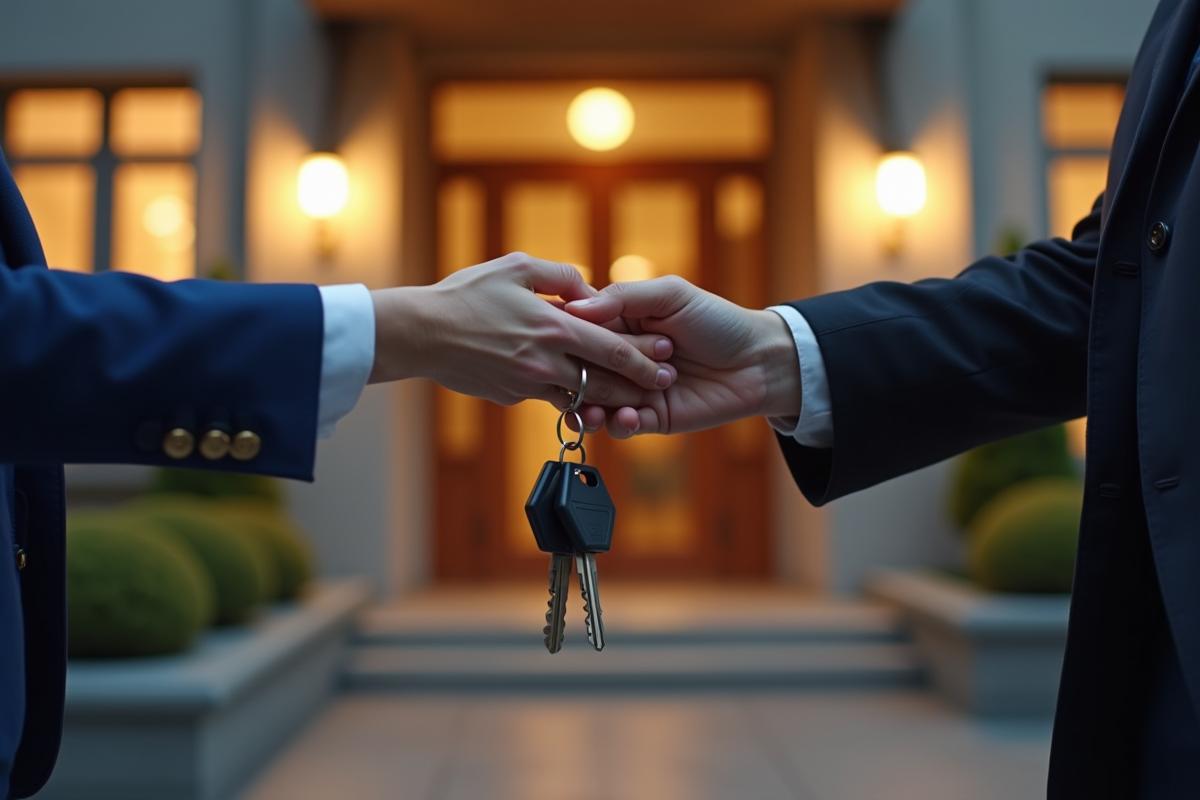 Echange de clés d appartement devant une entrée accueillante