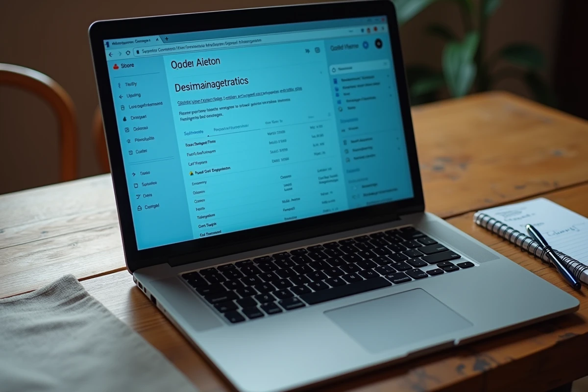 Écran d'ordinateur portable bloqué sur un portail propriétaire Gîtes de France avec documents sur table en bois