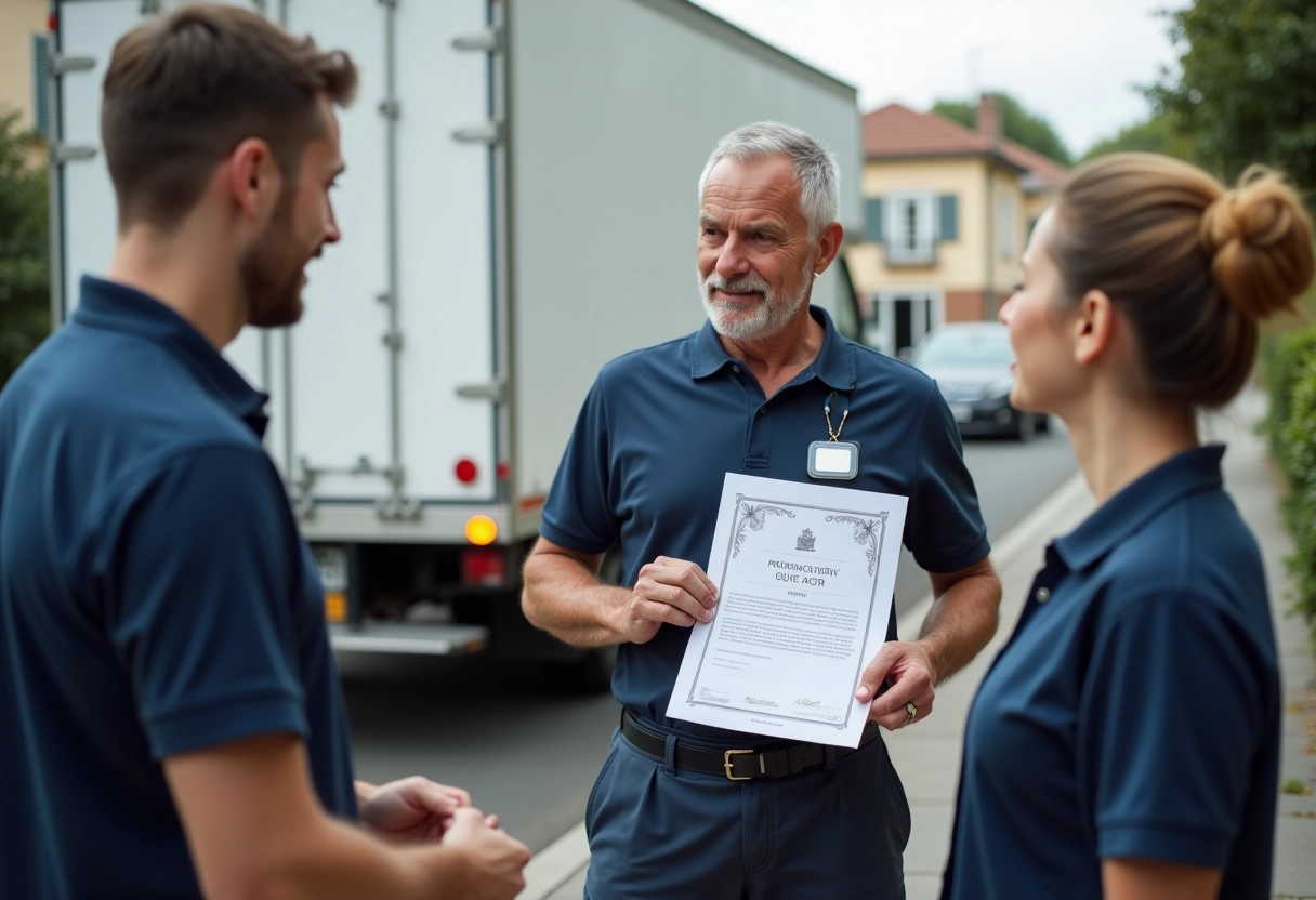 Employe de déménagement montrant ses papiers à un couple