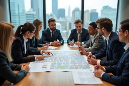 Groupe d urbanistes en réunion autour d une carte urbaine