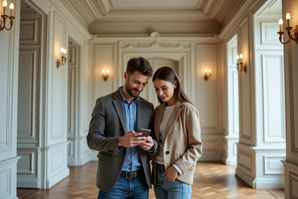 Couple consultant une estimation immobilière en ligne dans le hall d'entrée d'un appartement haussmannien de prestige