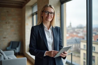 Propriétaire lyonnaise consultant une estimation de loyer sur tablette dans un appartement moderne du centre de Lyon