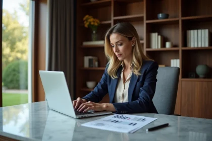Femme élégante consultant une estimation immobilière en ligne pour une maison de prestige depuis un bureau luxueux