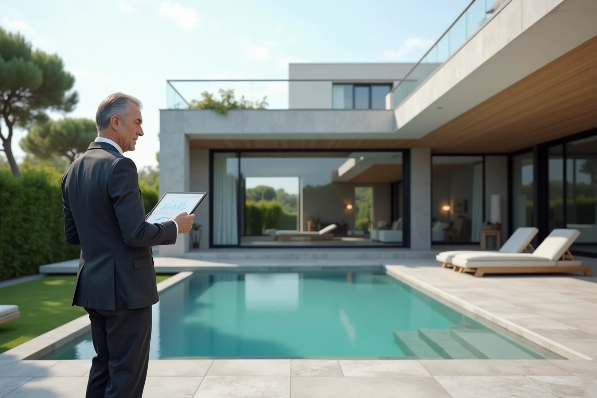 Agent immobilier évaluant une villa de prestige à l'aide d'un outil d'estimation en ligne sur une terrasse moderne