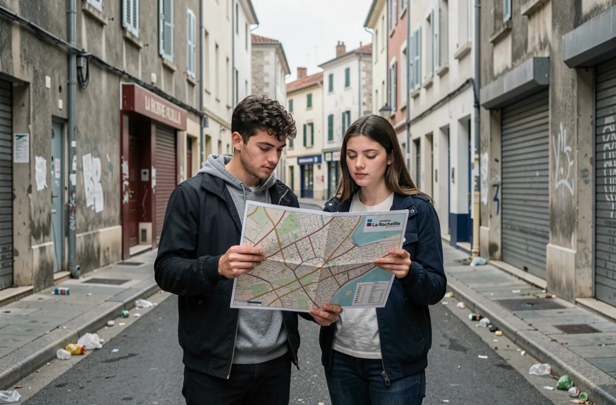 Deux étudiants consultant une carte à un carrefour d'un quartier défavorisé de La Rochelle avec des façades dégradées